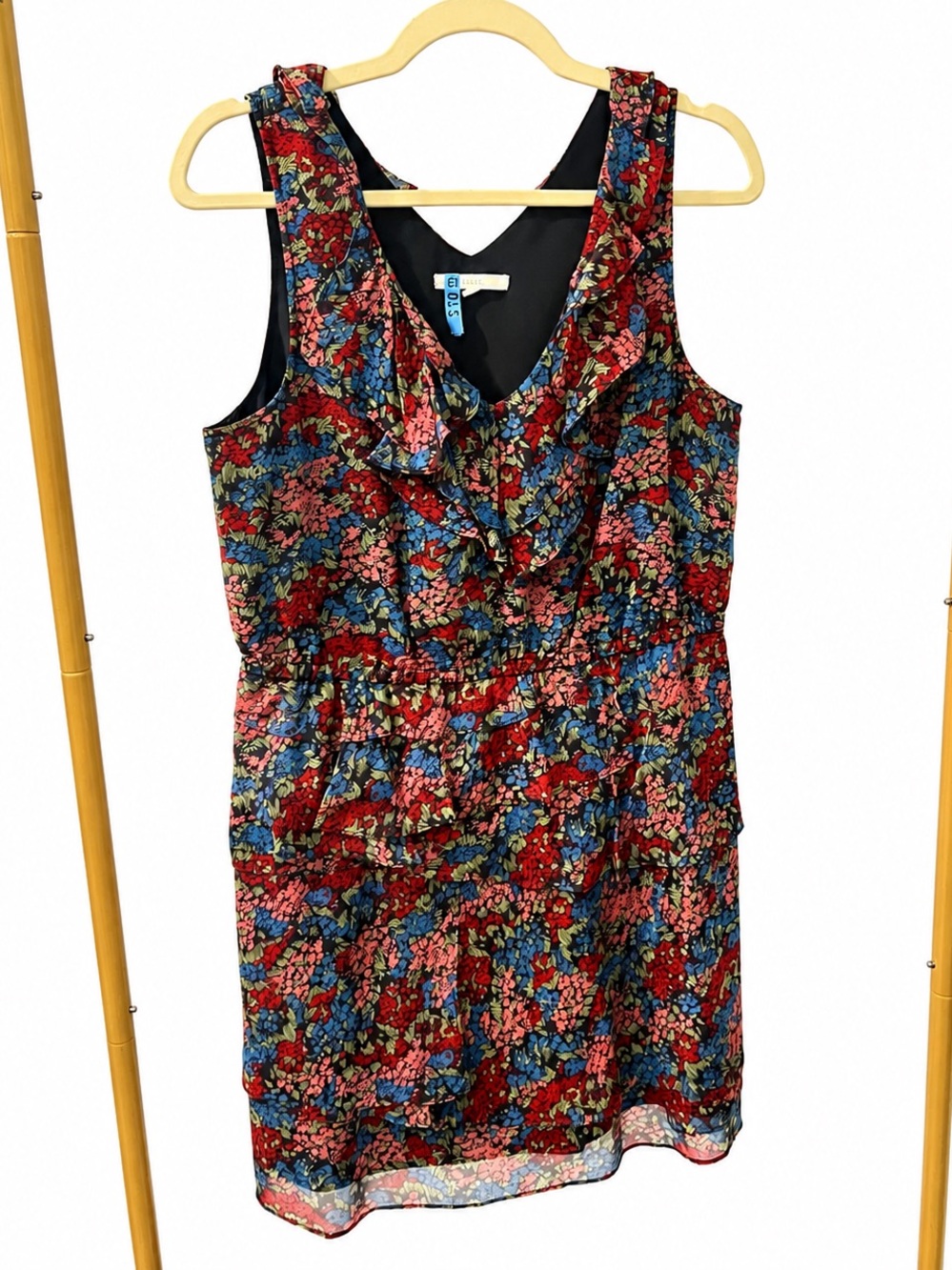 Floral Ruffle V-Neck Mini Dress in Red & Blue